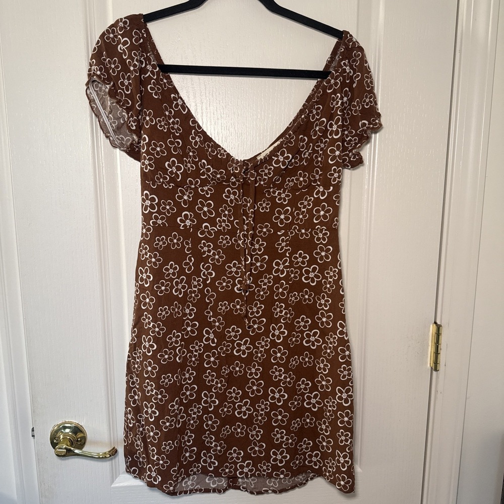 LA Hearts PacSun Brown Daisy Mini Dress Puff Sleeve Tie Front Y2K Cottagecore M